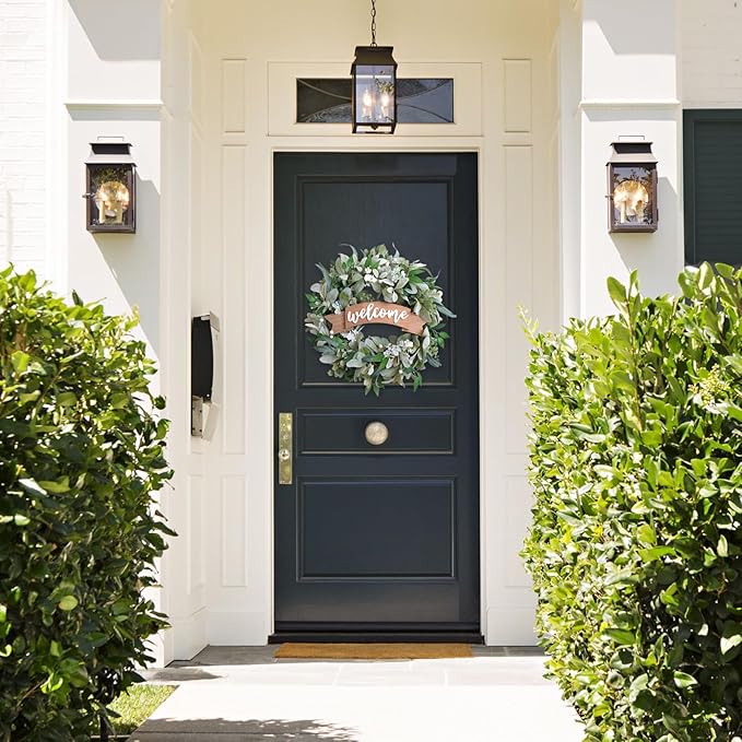 22 Inch Spring Everyday Lamb Ears Leaves Wreath with White Wild Flowers and Berries for Front Door, Welcome Wood Sign Green Leaves Wreath for Indoor Outdoor, Everyday Leaves Home Decor