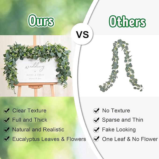 8Pcs Eucalyptus Garland, 5.9FT Greenery Garland, Green Garland with Flowers, Artificial Faux Silver Dollar Eucalyptus Leaves Vines for Table Home Wedding Mantle Party Indoor Outdoor Decor