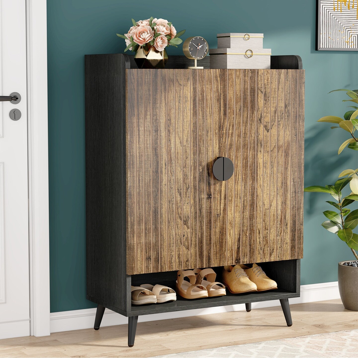 Modern Shoe Storage Cabinet, 24 Pair Capacity Shoe Rack with Doors and Adjustable Shelving Unit