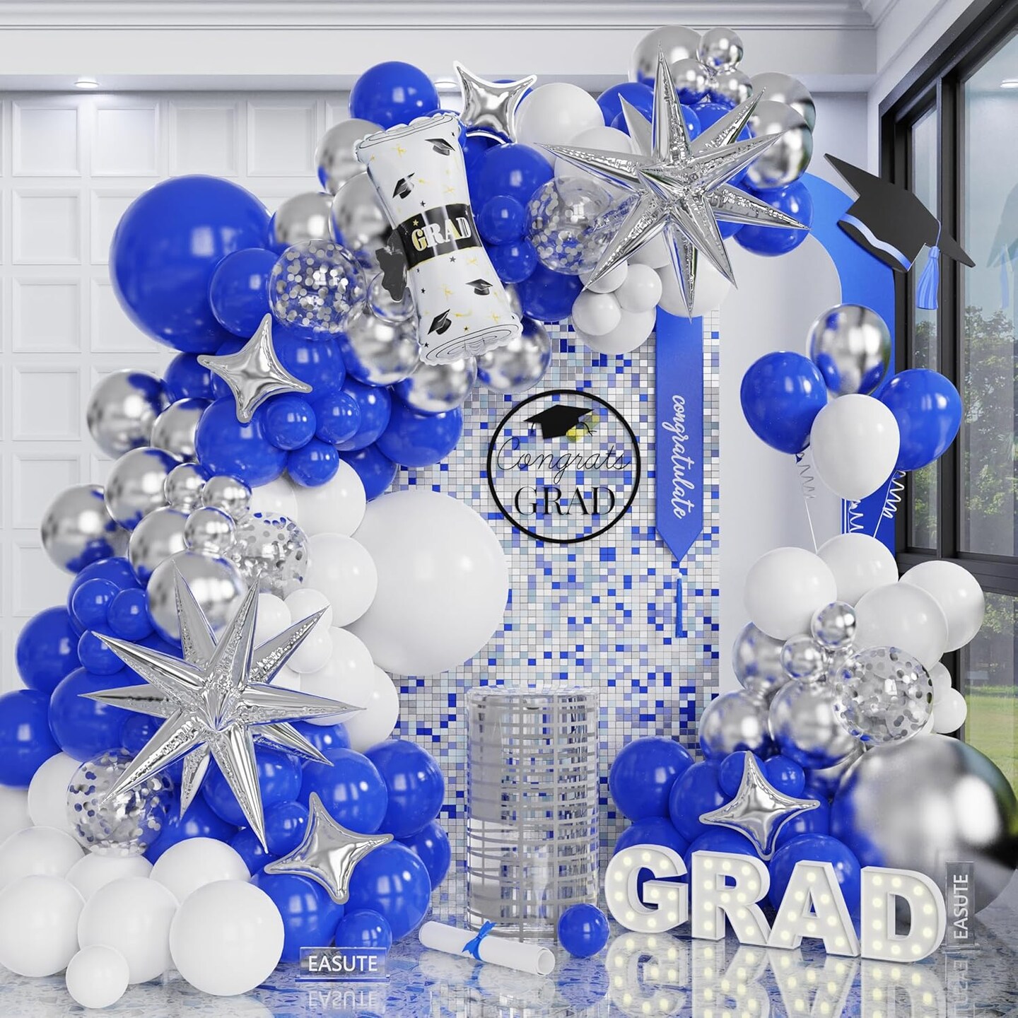 Blue White Silver Graduation Balloon Arch Kit, 2026 Graduation Decorations with Grad Balloons and Exploding Star, Class of 2026 Graduation Party Decor, Photo Booth Backdrop Supplies