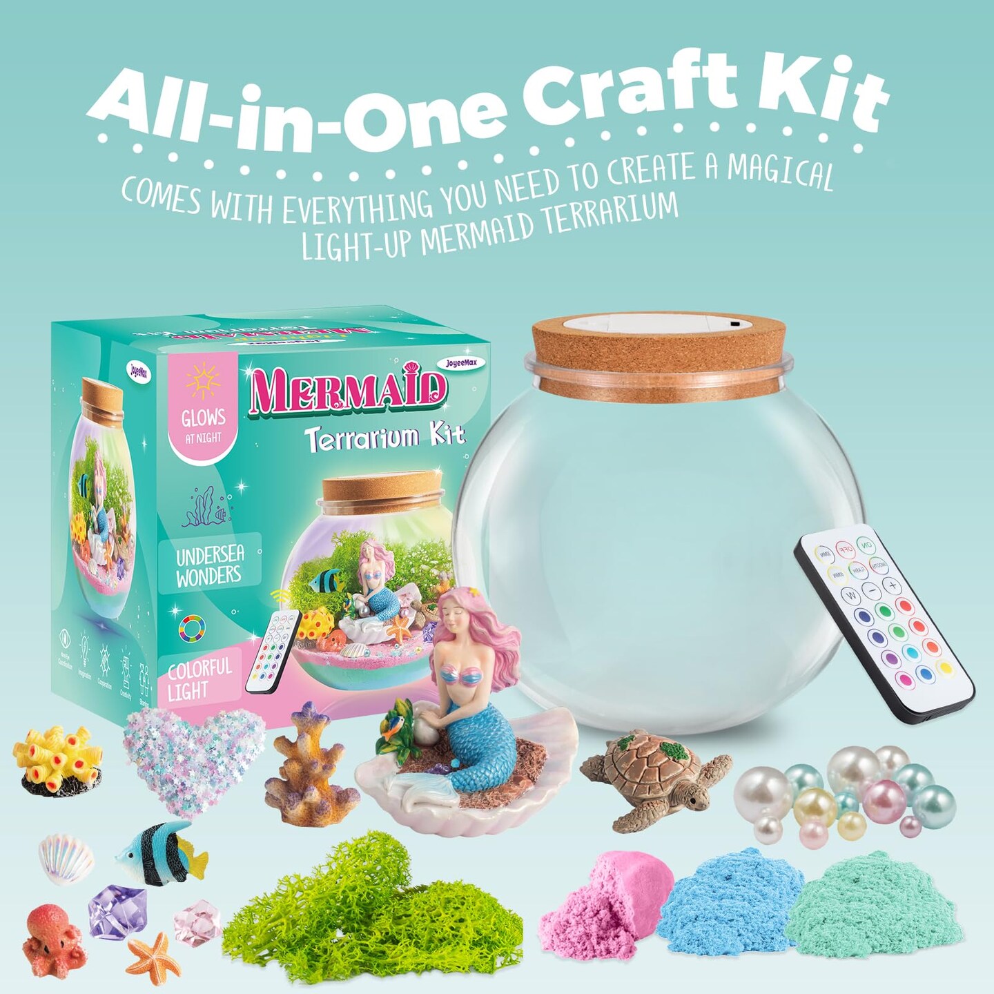Mermaid Light-Up Terrarium Kit for Kids - LED Night Light Birthday Gift for Girls Ages 4 5 6 7 8-12 Year Old - Mermaid Toys for Girls - DIY Arts and Crafts Kit for Kids
