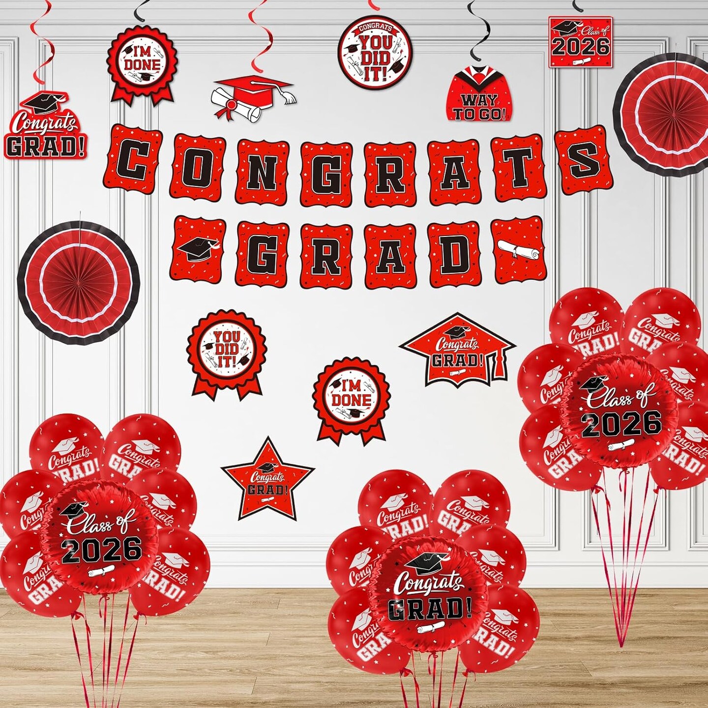 Red Themed 2026 Graduation Decorations Set - Congrats Grad Banner, Class of 2026Backdrop, Balloons & Streamers Kit - Complete Party Supplies for High School & College Celebrations