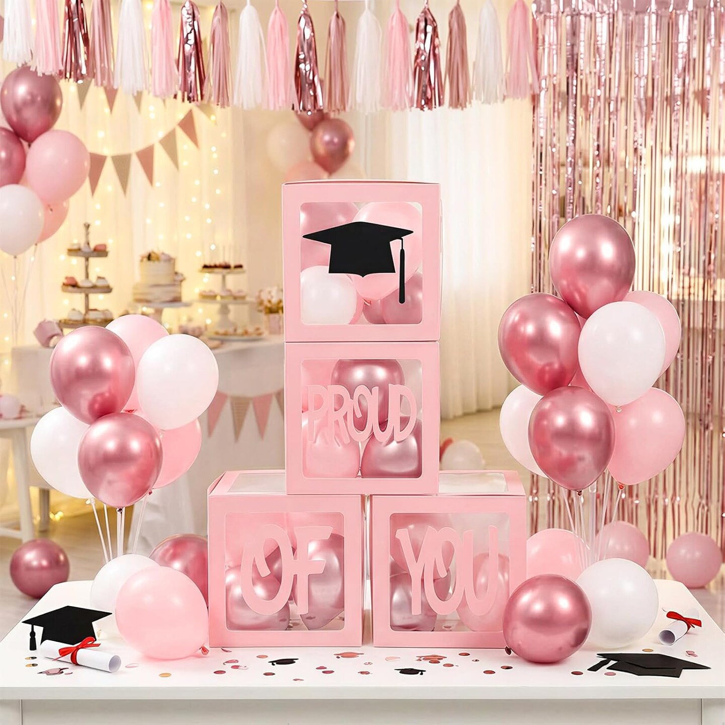 Graduation Decorations 2026,4 Pcs Transparent Balloon Boxes with Letters of GRAD,PROUD OF YOU,Class of 2026 and 130pcs Light Pink Balloons Arch for High School College 2026 Grad Party Supplies