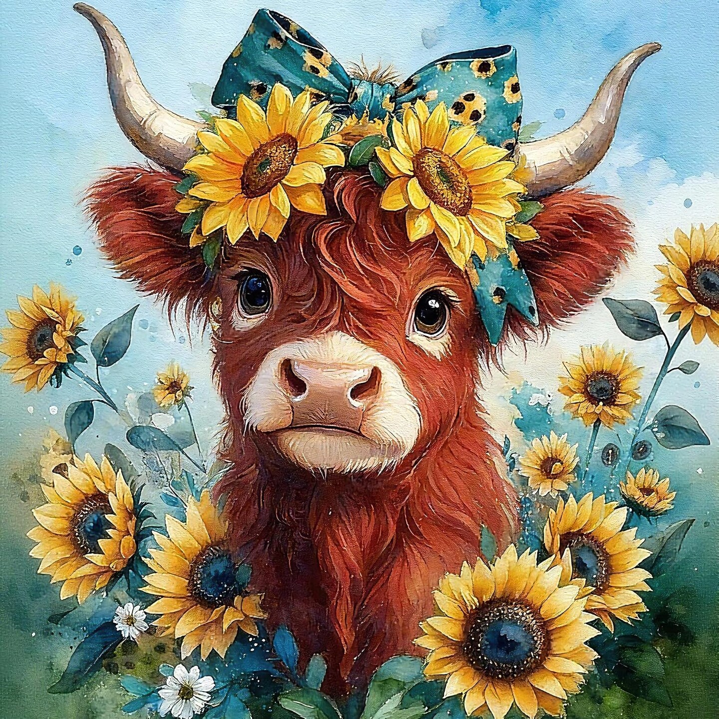 5D Highland Cow Diamond Painting Kit for Adults Beginners, Full Round Drill Diamond Art with Floral Bow Design, Cute Farmhouse Cow Gem Painting DIY Craft for Home Wall Decor Gift, 13.7 x 13.7 Inch
