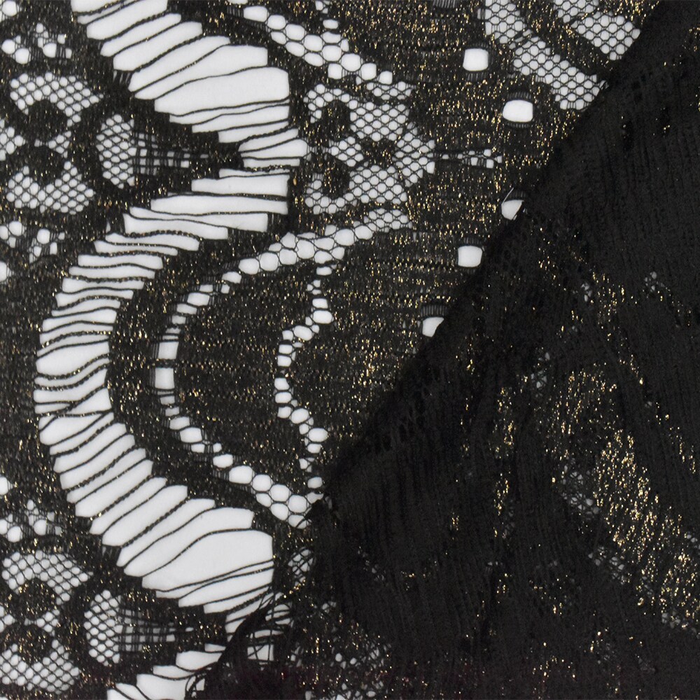 Onyx Black-Gold Printed Texture Fancy Scallop Lace Knit Fabric By the Yard