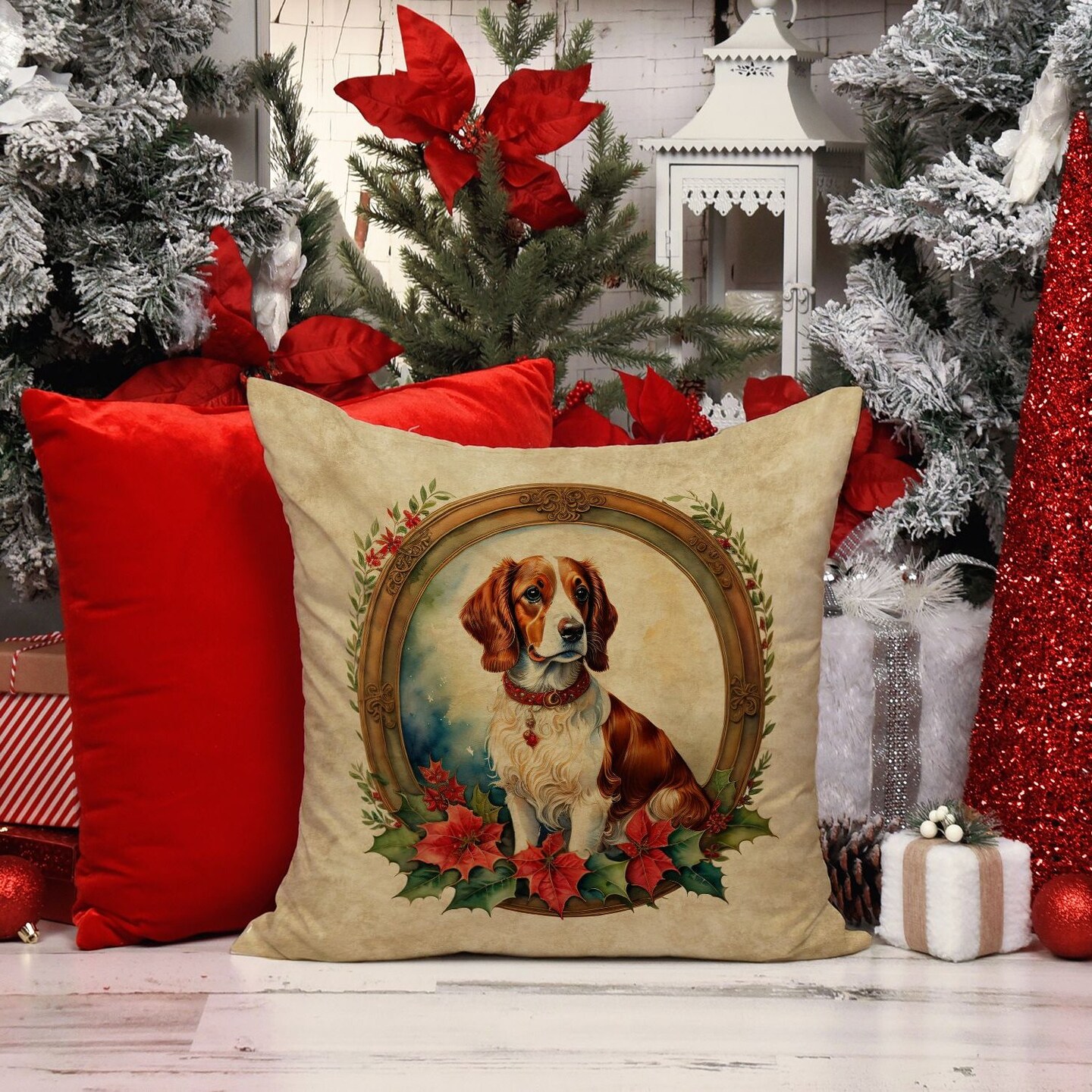 Edge Collections - 18" X 18" - Multicolor - Brittany Spaniel Christmas Flowers Throw - 1 Piece