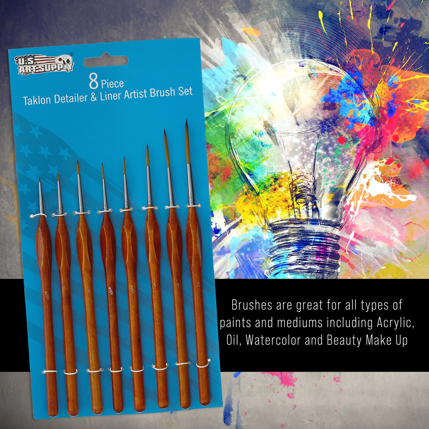 U.S. Art Supply 8 Piece Taklon Detail and Liner Artist Brush Set with Wood Comfort Grip Handles - Art, Detailing, Acrylic, Oil, Watercolor