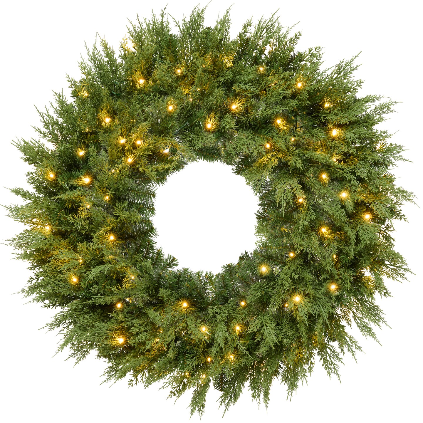 Pre-Lit Cedar Cypress Christmas Wreath w/ Twinkling LEDs, Realistic Large Indoor/Outdoor Holiday Decor, Plug-In​