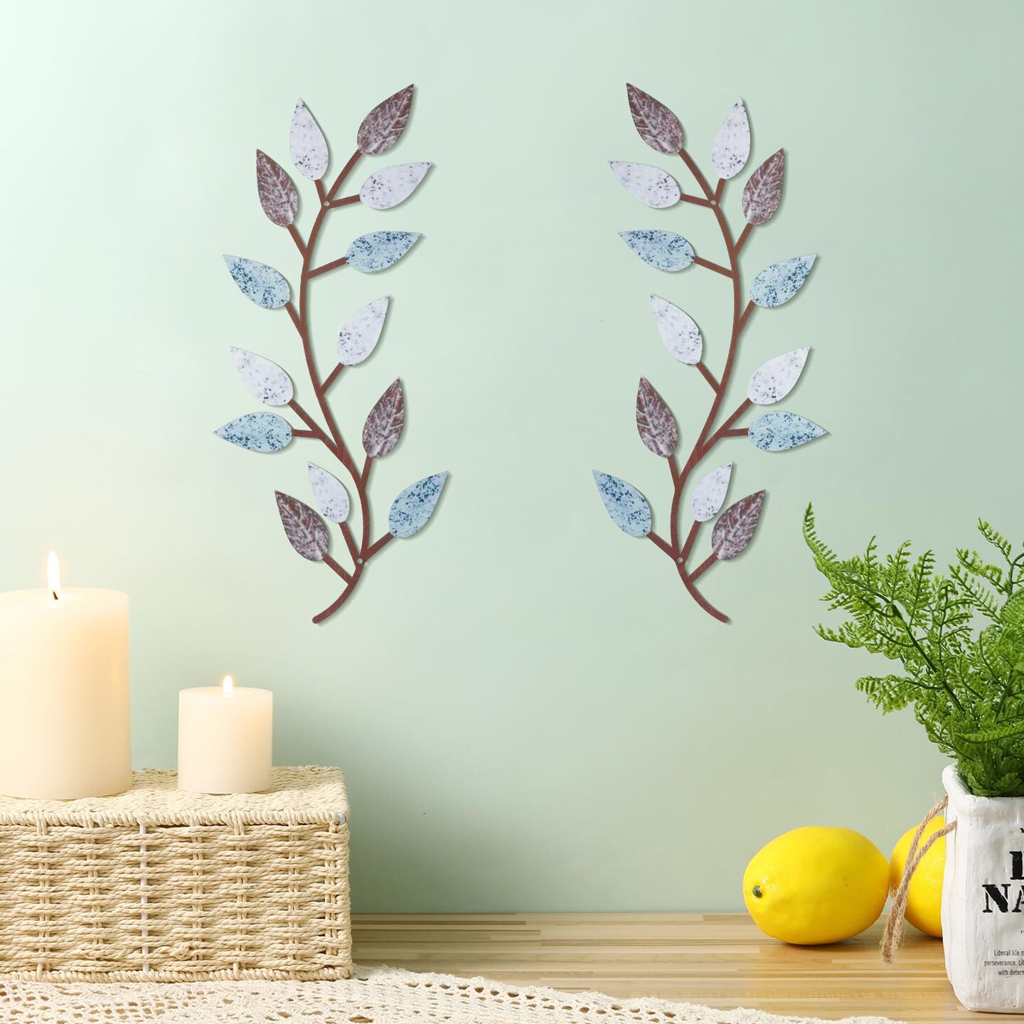 2 Pieces Metal Tree Leaf Wall Decor Vine Olive Branch Leaf Wall Art Living Room, Hallway Wall Decor Outdoor Decoration(Blue Brown Colors)