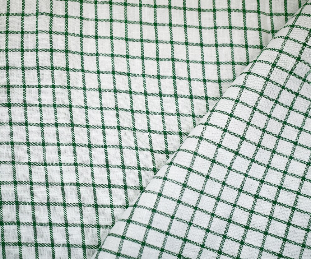 Green-White Moygashel Washed Grid Check Irish Linen Woven Fabric By the Yard