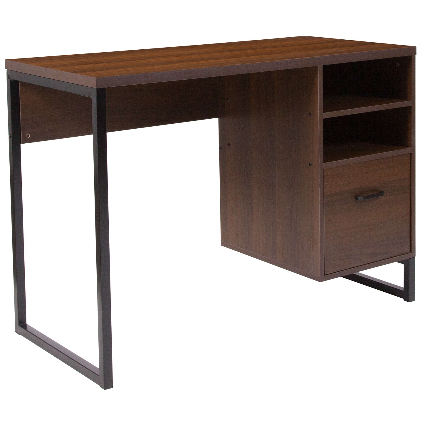 Merrick Lane Brighton Rustic Computer Desk with Shelving and Storage Drawer Metal Frame Pedestal Base Home Office Desk