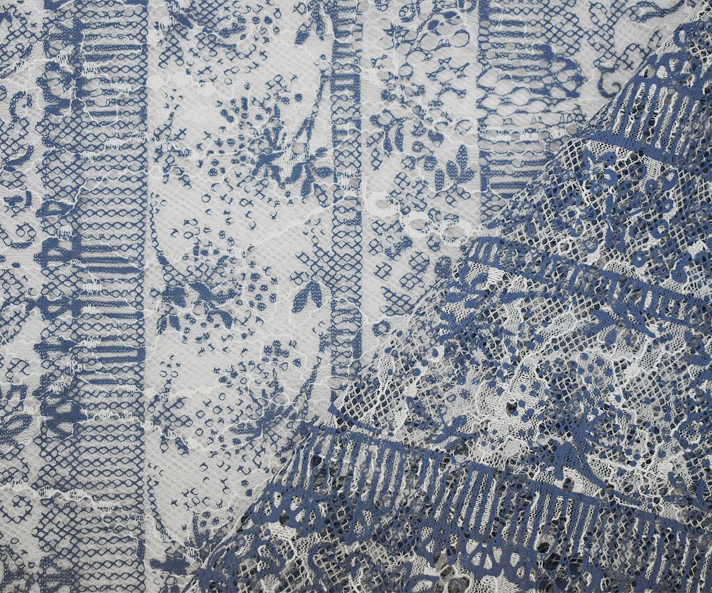 White-Blue Nylon Rayon Floral Stripe Printed Lace Mesh Knit Fabric By the Yard