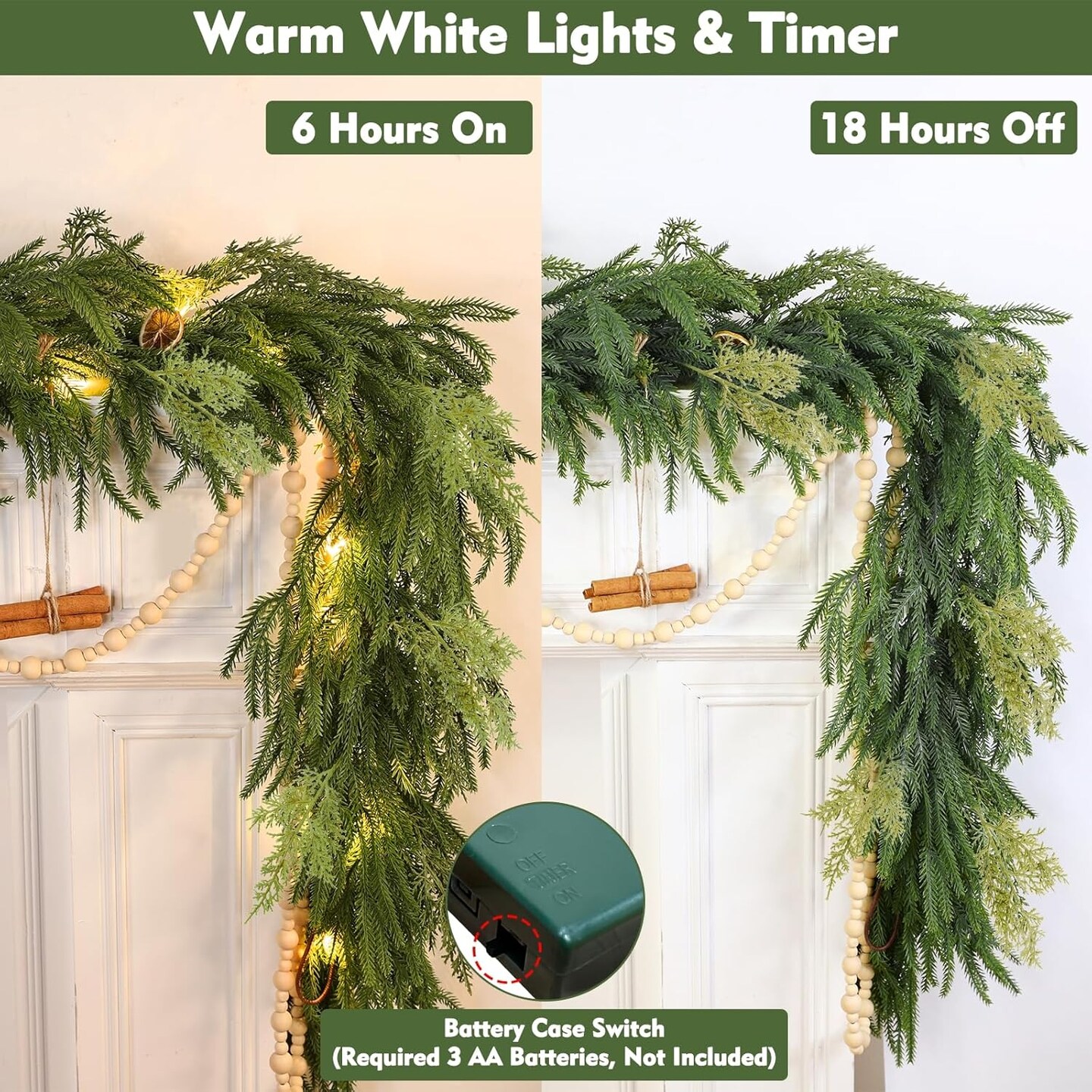 6 Ft by 10 Inch Christmas Garland with Lights (Green)