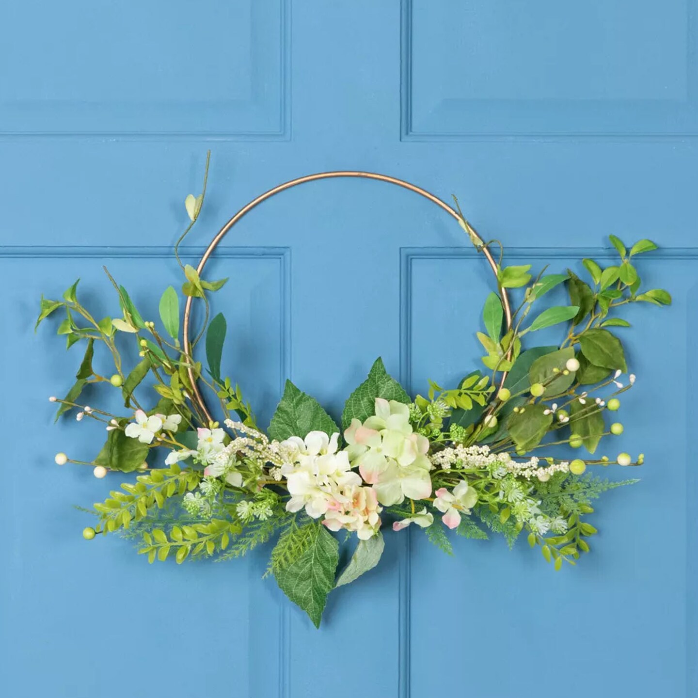 24-Inch Hydrangea and Fern Half Wreath with Gold Hoop Elegant Wall or Door Decoration