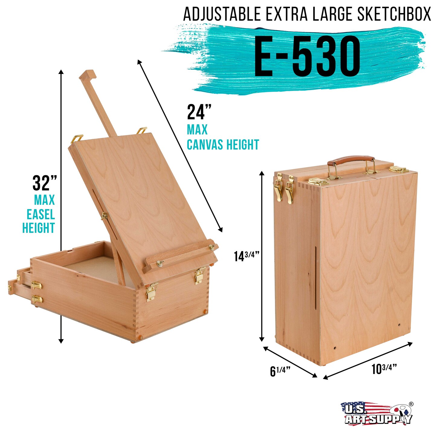 Extra Large 2 Drawer Adjustable Wood Sketchbox Easel with Storage - Portable Artist Desktop Easels for Drawing, Painting, Premium Beechwood - Table top Easel with Paint Palette, Case