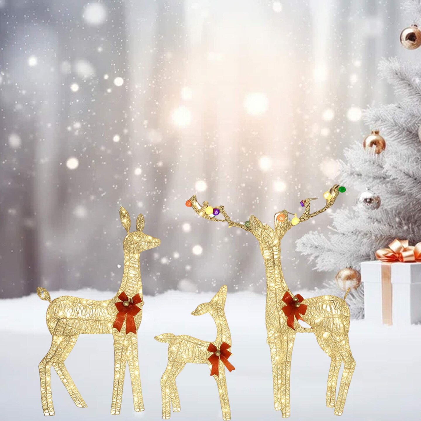 Christmas Yard Reindeer Set with Prelit Iridescent PVC Body Design 52&#x22;+46&#x22;+29&#x22;
