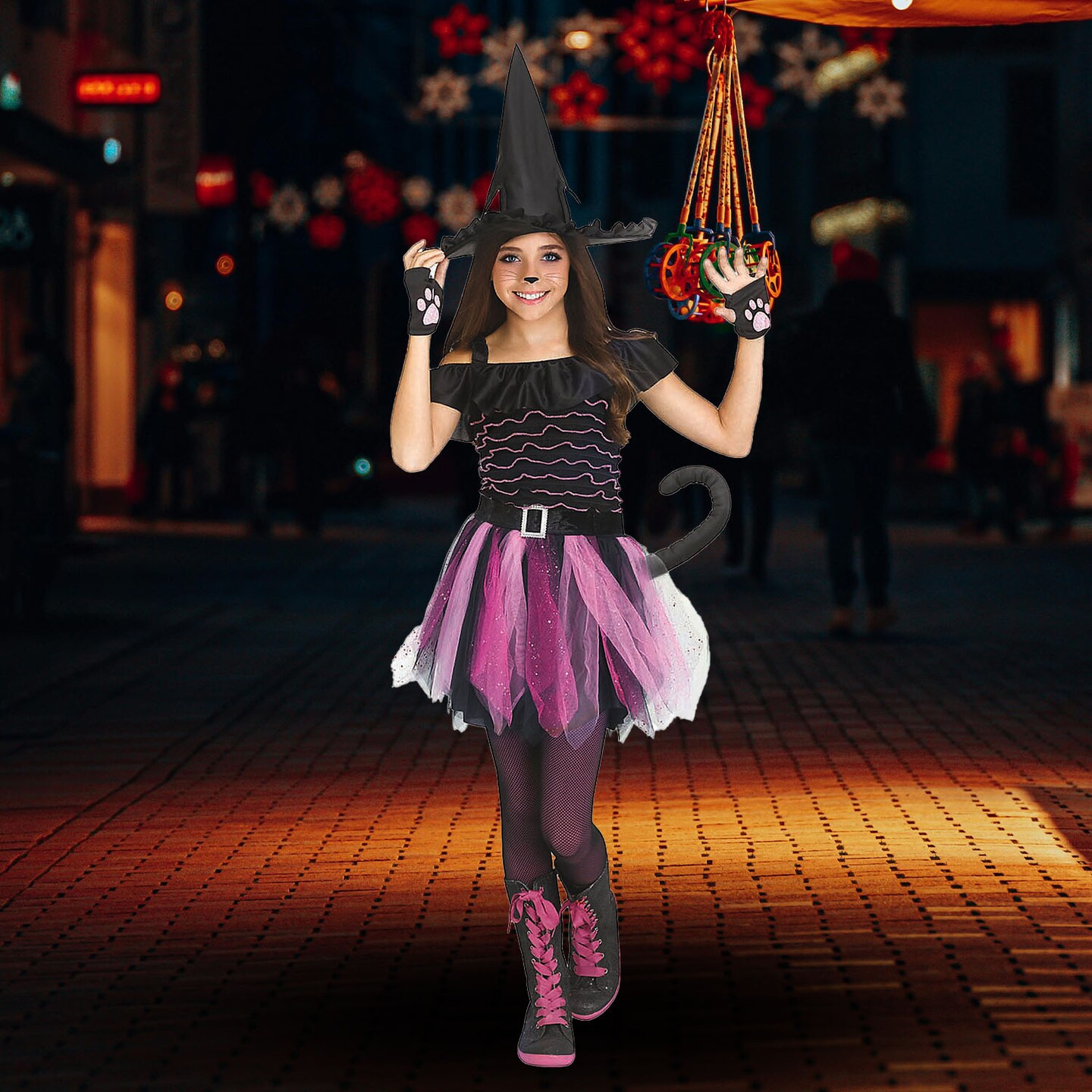 Girls Black Polyester Witch Kitty Costume with Hat and Accessories, Ideal for Costume Parties.