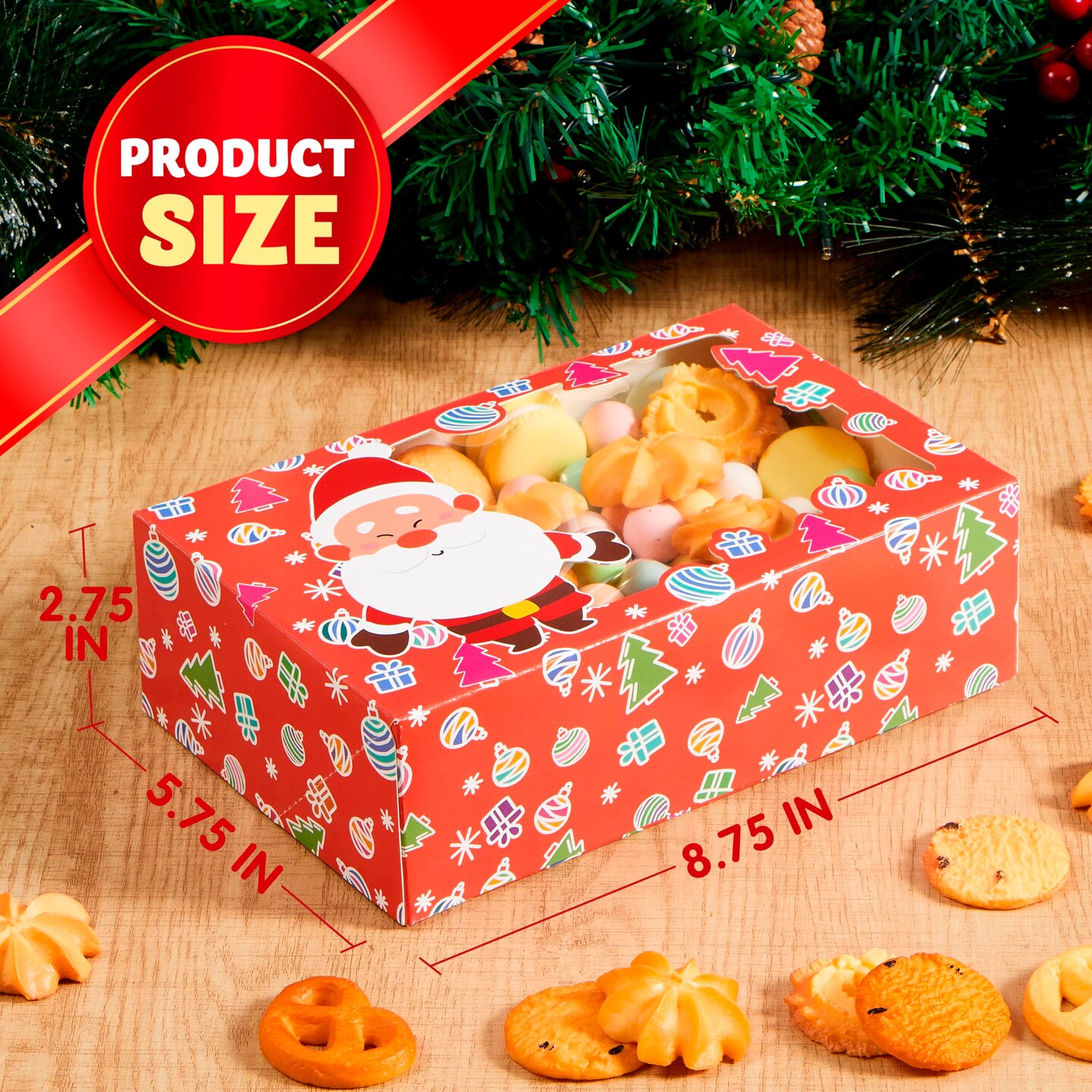 24 PCS Christmas Foil Treats Cookie Gift Boxes (8.75" x 5.75" x 2.75") Colorful Pattern Bakery Box with Window for Xmas Holiday Birthday Party Pastries, Cupcakes, Brownies, Donuts Gift-Giving
