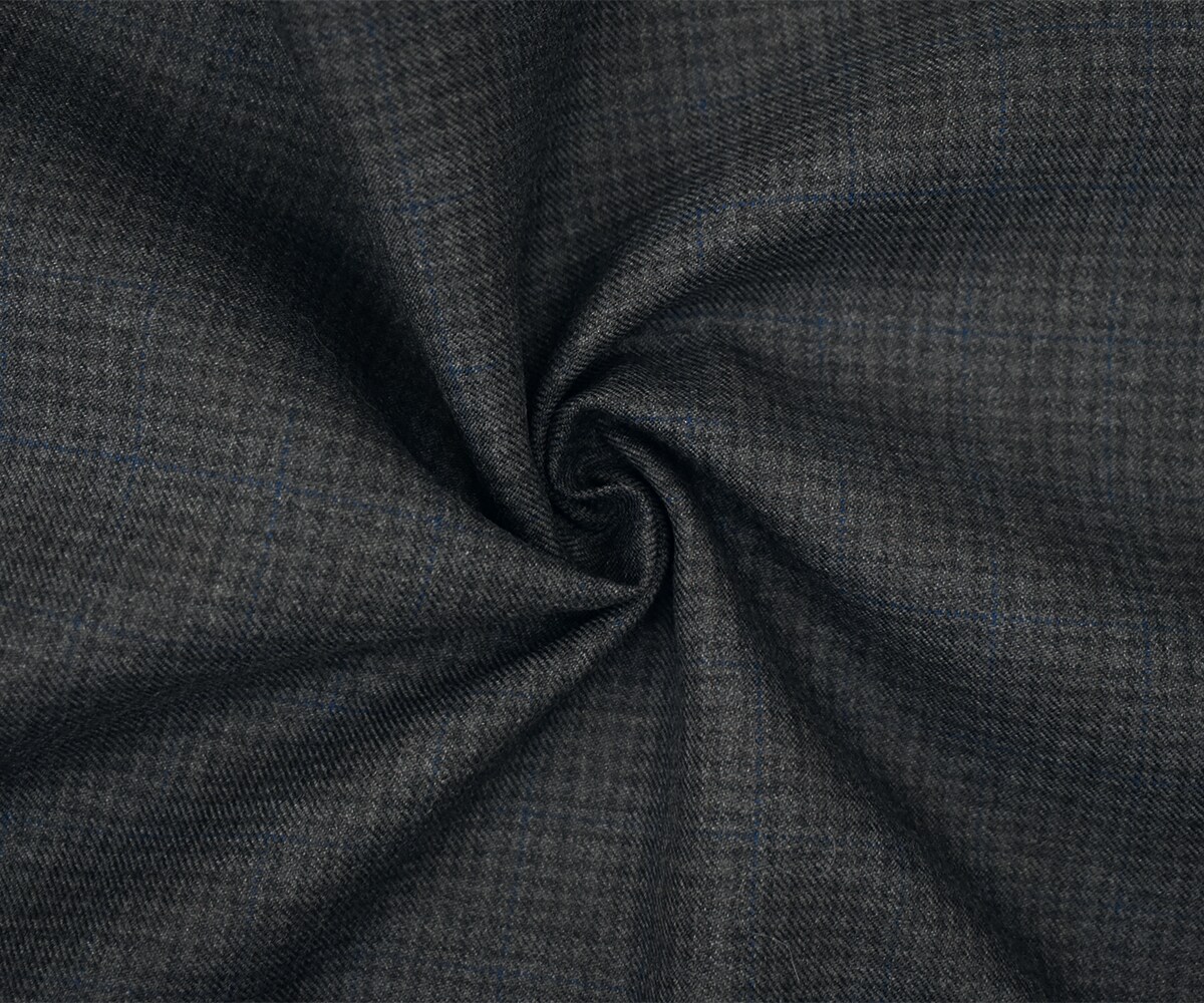 Gray-Black-Blue Wool Polyester Check Twill Plaid Suiting Woven Fabric By the Yard