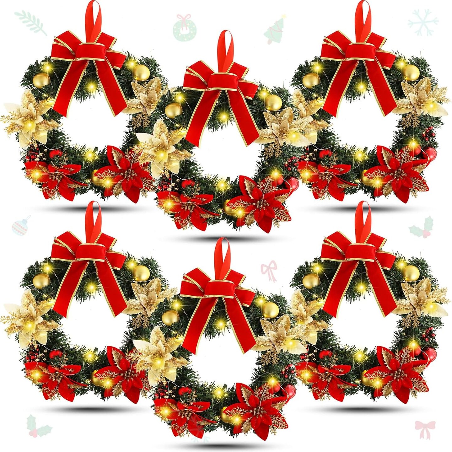 6 Pcs Lighted Christmas Wreath with Red Bow Ornament (Multicolored)