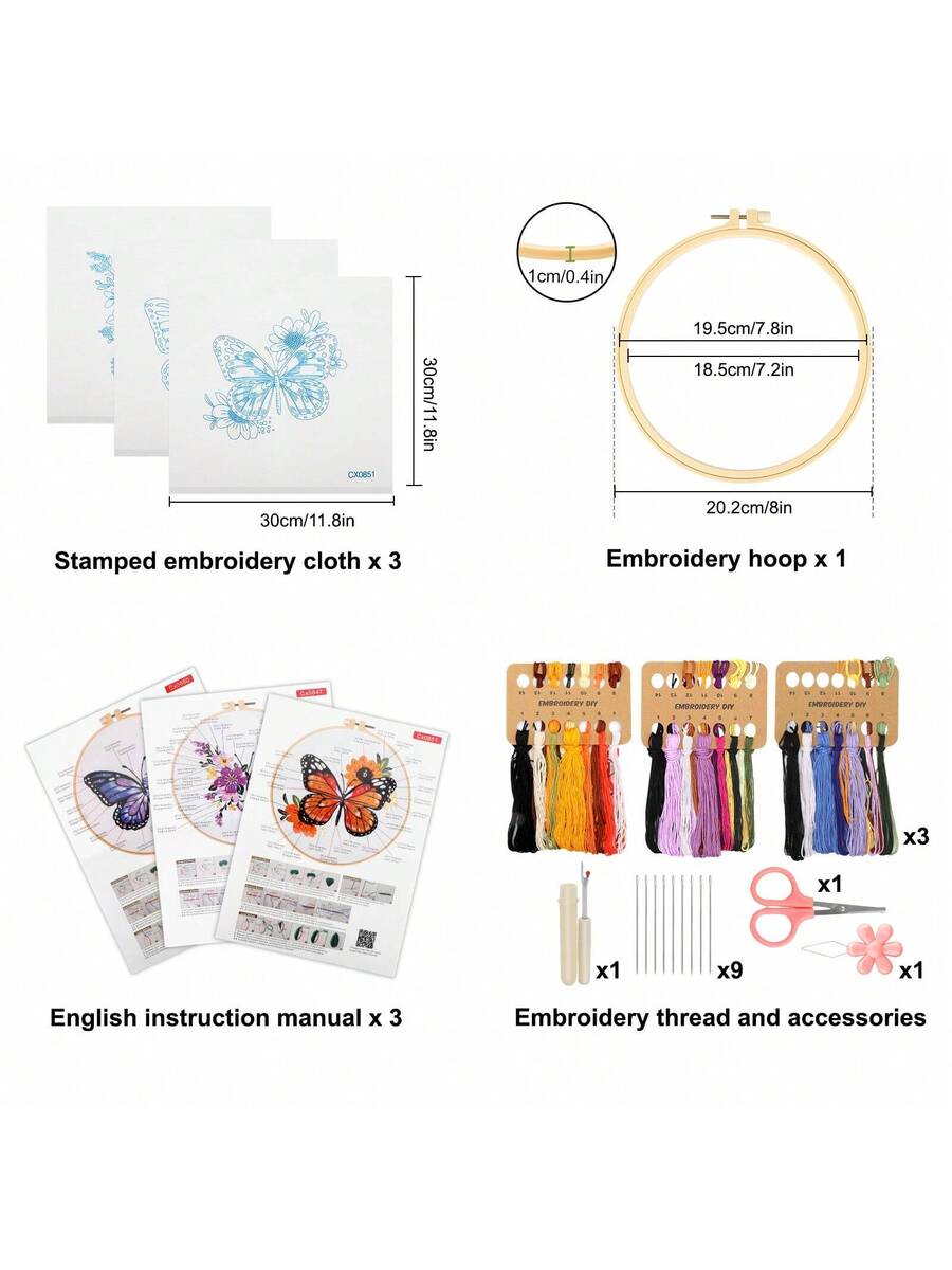 3 Sets Embroidery Stitch Practice Kit for Beginners, Include Cloth, Hoops And Threads, Stamped Cross Stitch For Craft Lover
