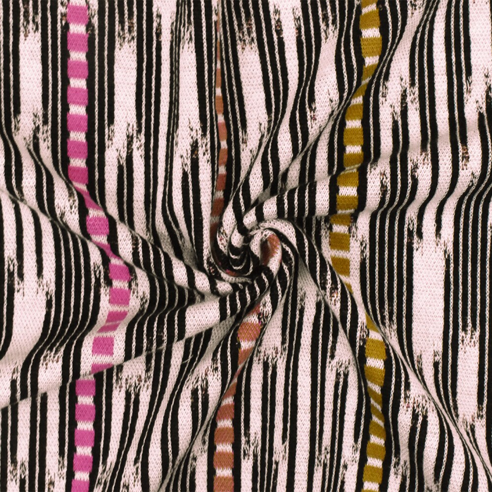 Pink Ivory-Black-Multi Abstract Ikat Stripe Stretch Double Knit Fabric By the Yard