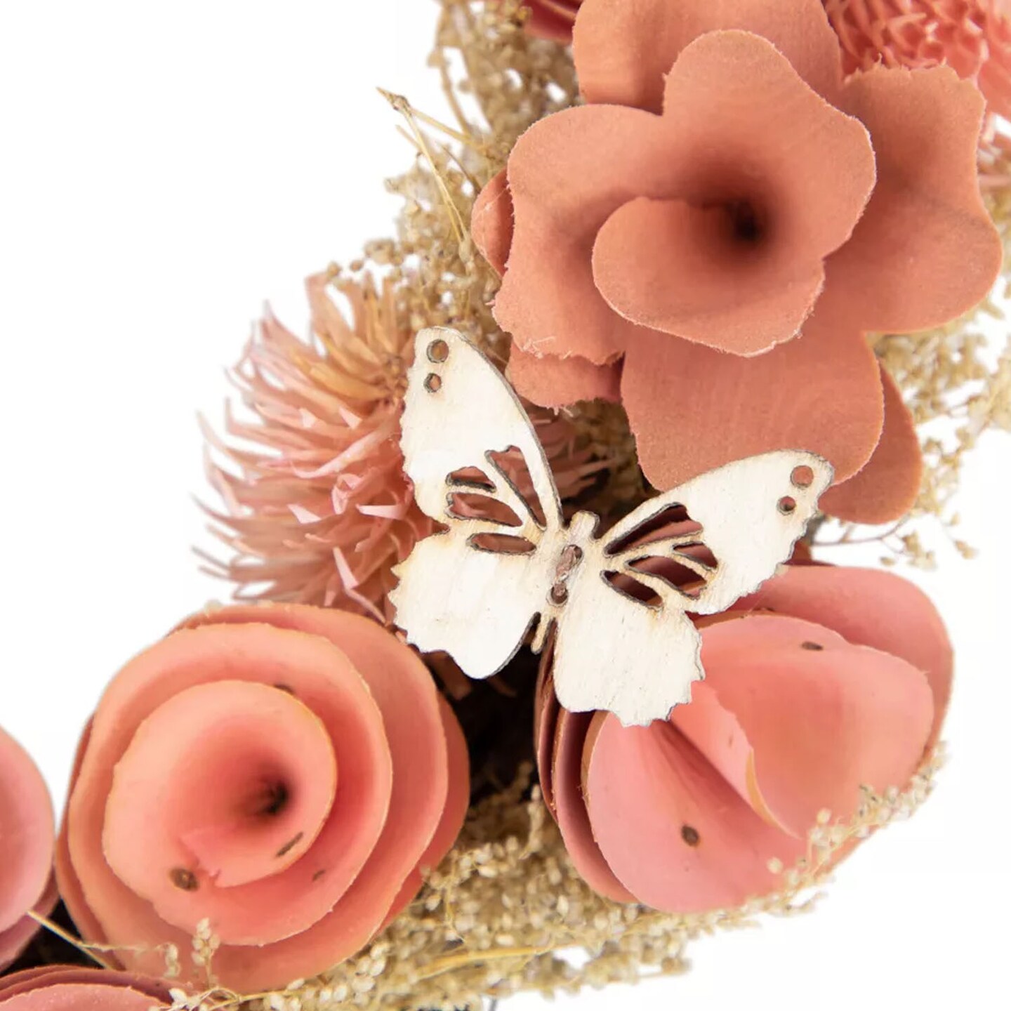 10" Pink Wooden Heart Wreath with Roses and Butterflies Spring Floral Wall Decor