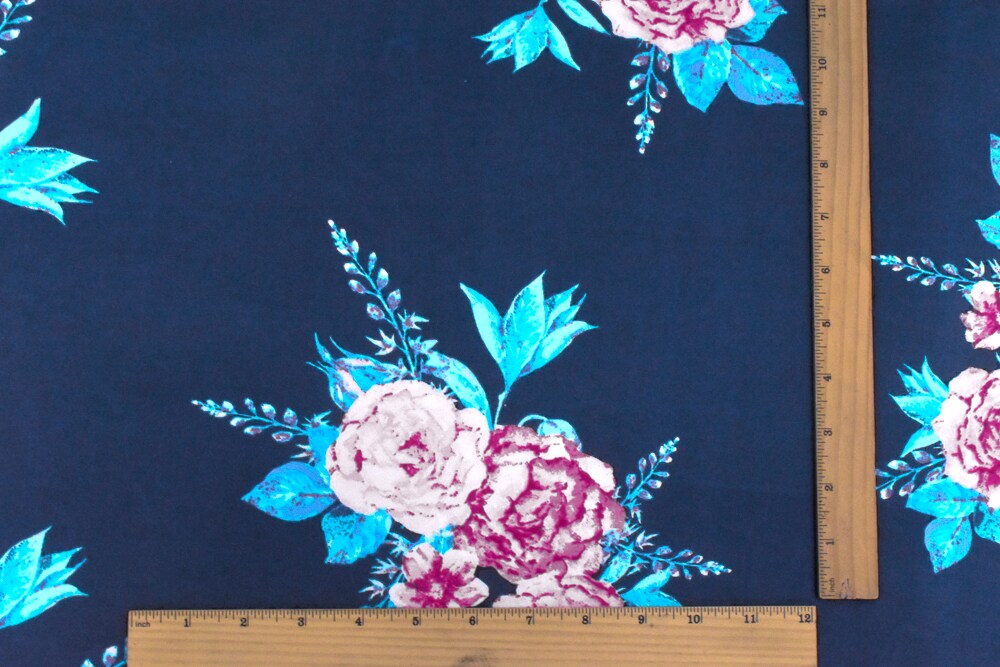 Blue-Pink-Multi Floral Printed Double Brushed DTY Knit Fabric By the Yard