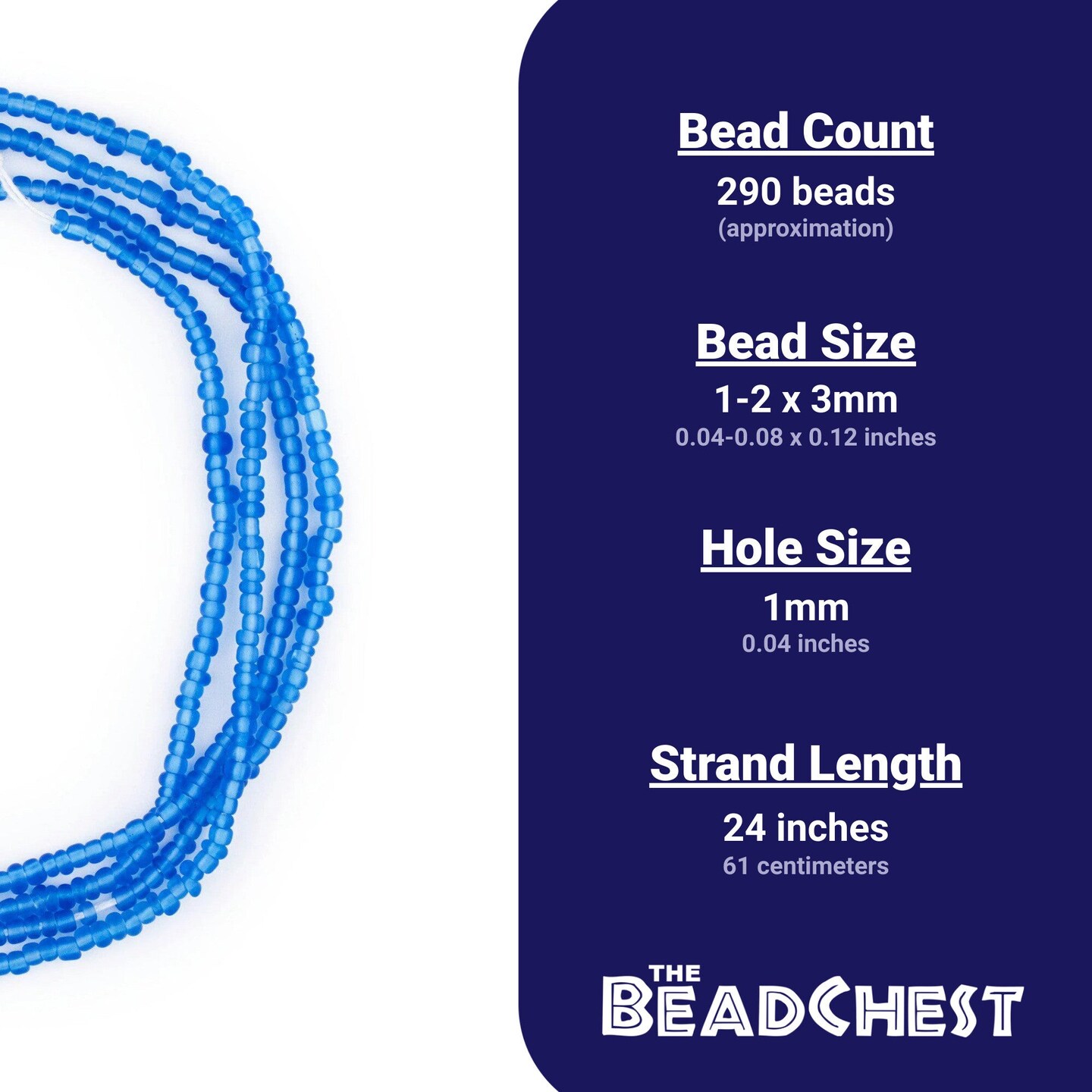 The Bead Chest Sapphire Blue Matte Glass Seed Beads (3mm) - 24 inch Strand of Quality Glass Beads