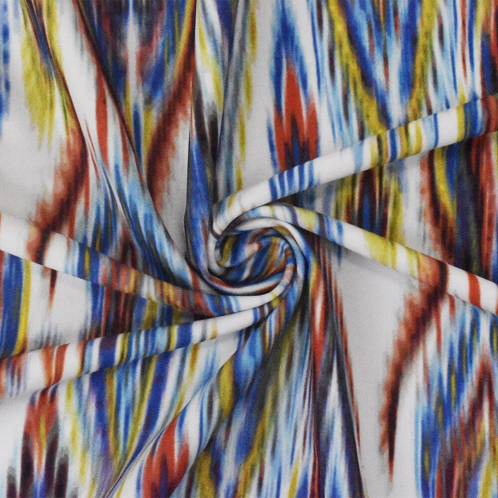 White-Multi Abstract Ikat Print Stretch poly Tricot Knit Swimwear Fabric By the Yard