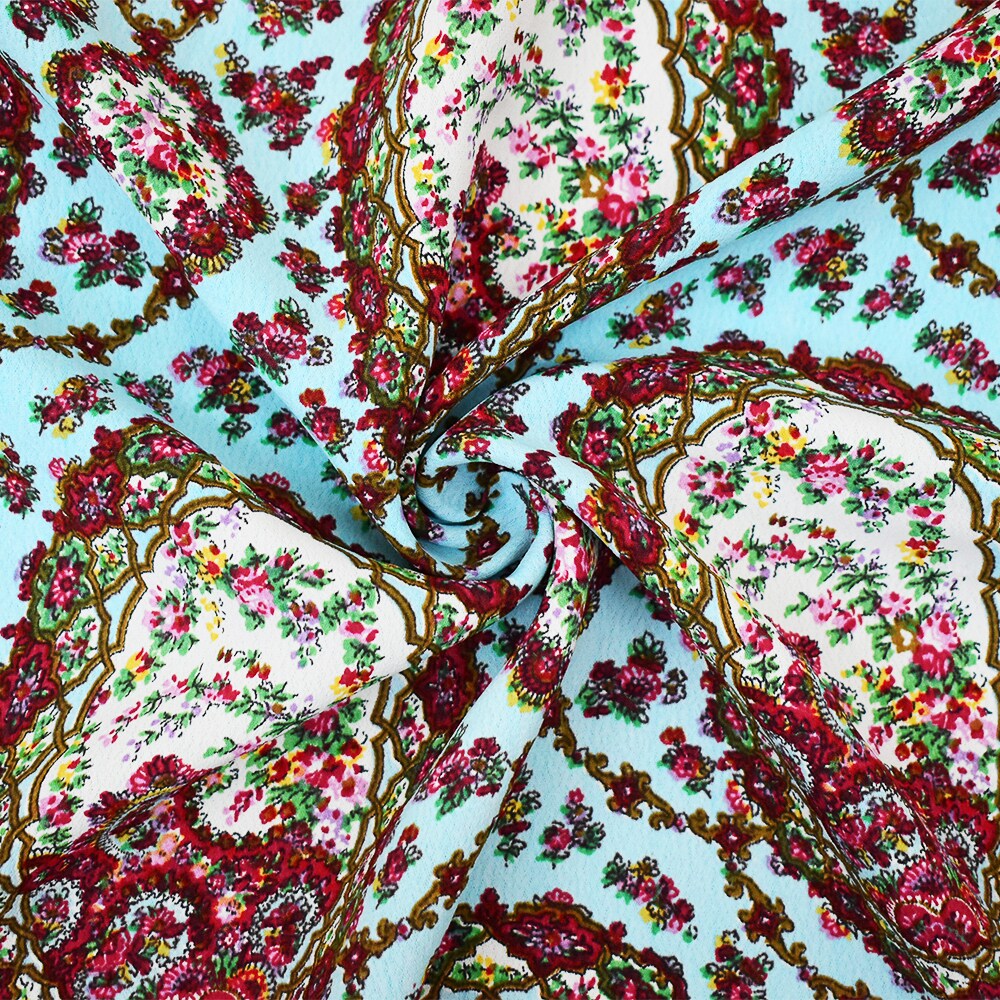 Blue-Red-Multi Floral Frame Trellis Printed Rayon Crepe Faille Fabric By the Yard