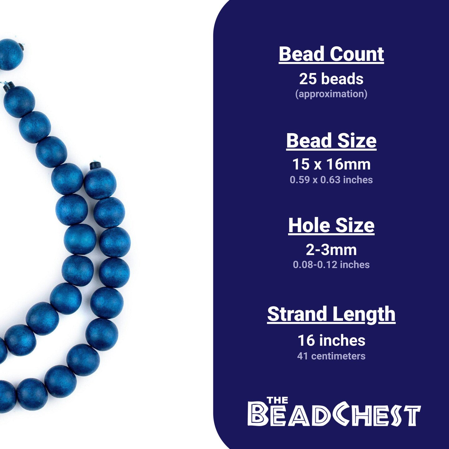 The Bead Chest Natural 16mm Wooden Beads in Blue - Azul for Jewelry Making – Round Loose Wood Spacer Beads I Approximately 25 Beads