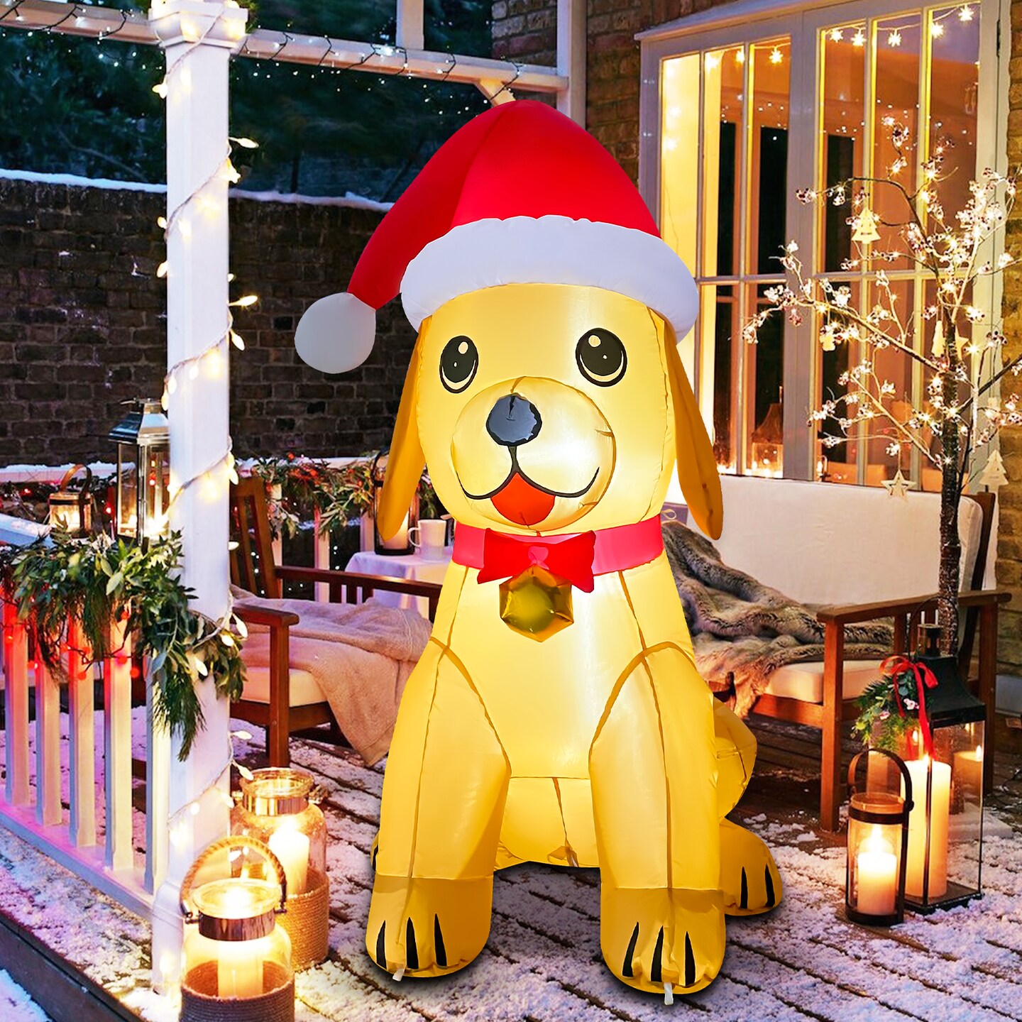 GOOSH 5.2FT Christmas Golden Puppy Inflatable with Santa Hat and LED Lights