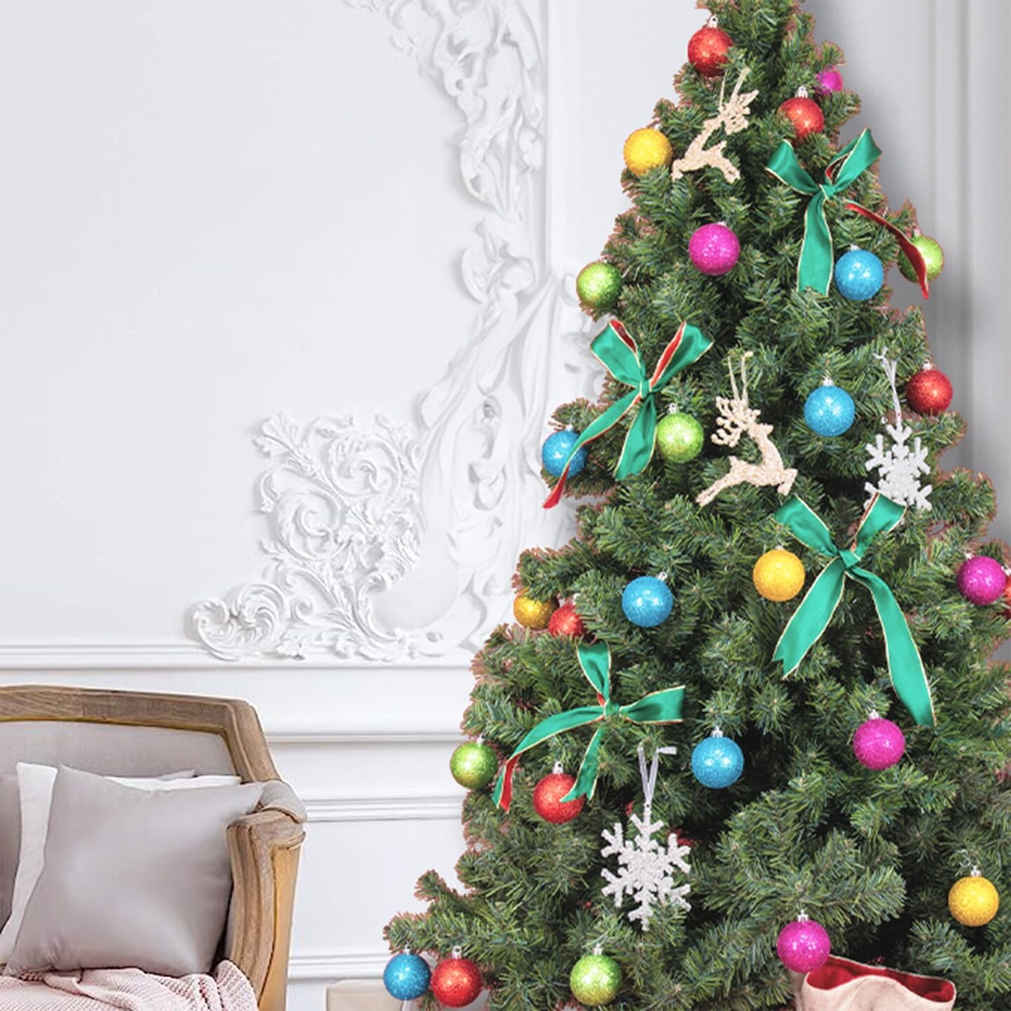 Shatterproof Christmas Tree Ornament Set (2.24&#x22;/57mm, Glitter Rainbow)