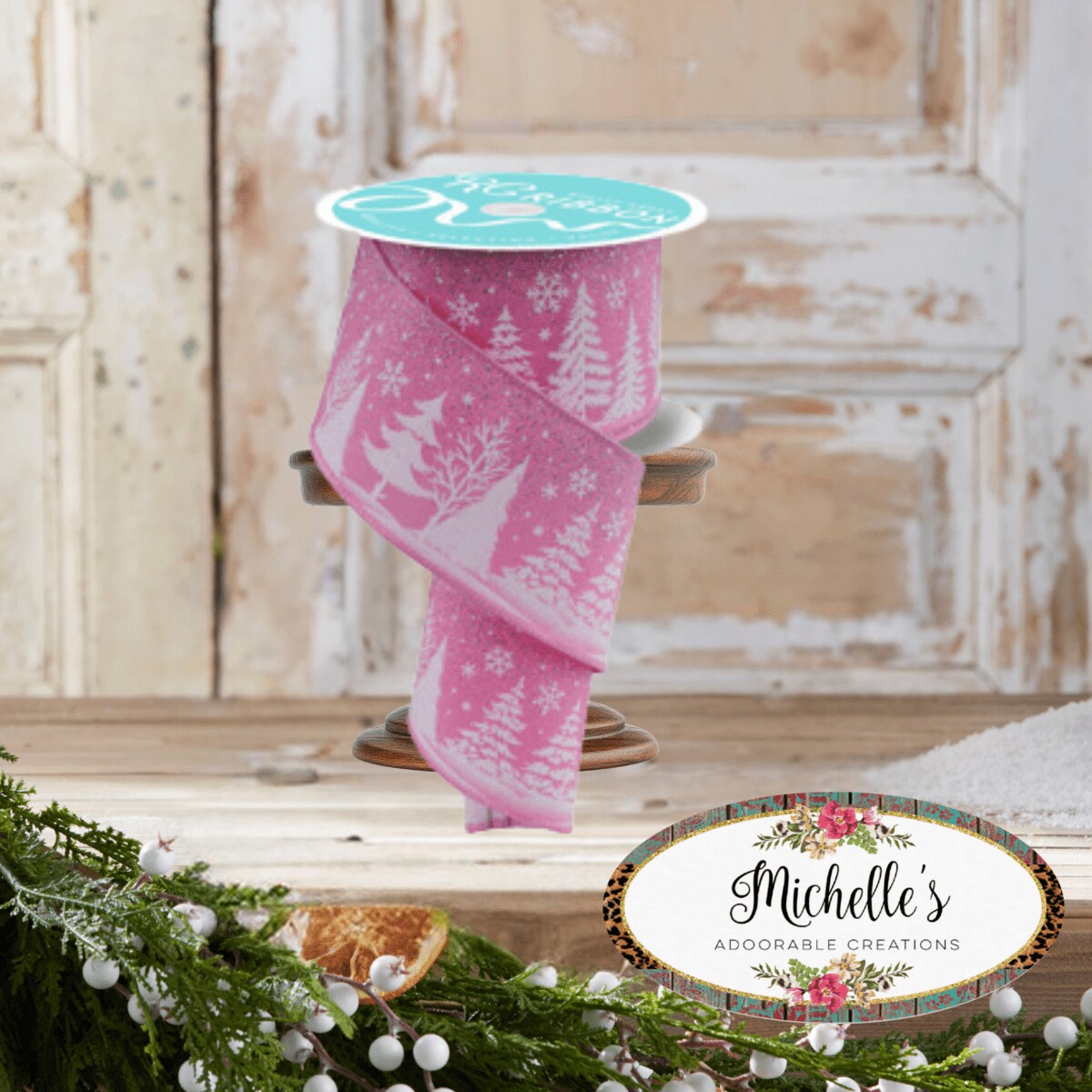 2.5&#x22; Glitter Snowflake Tree Ribbon: Pink (10 Yards)