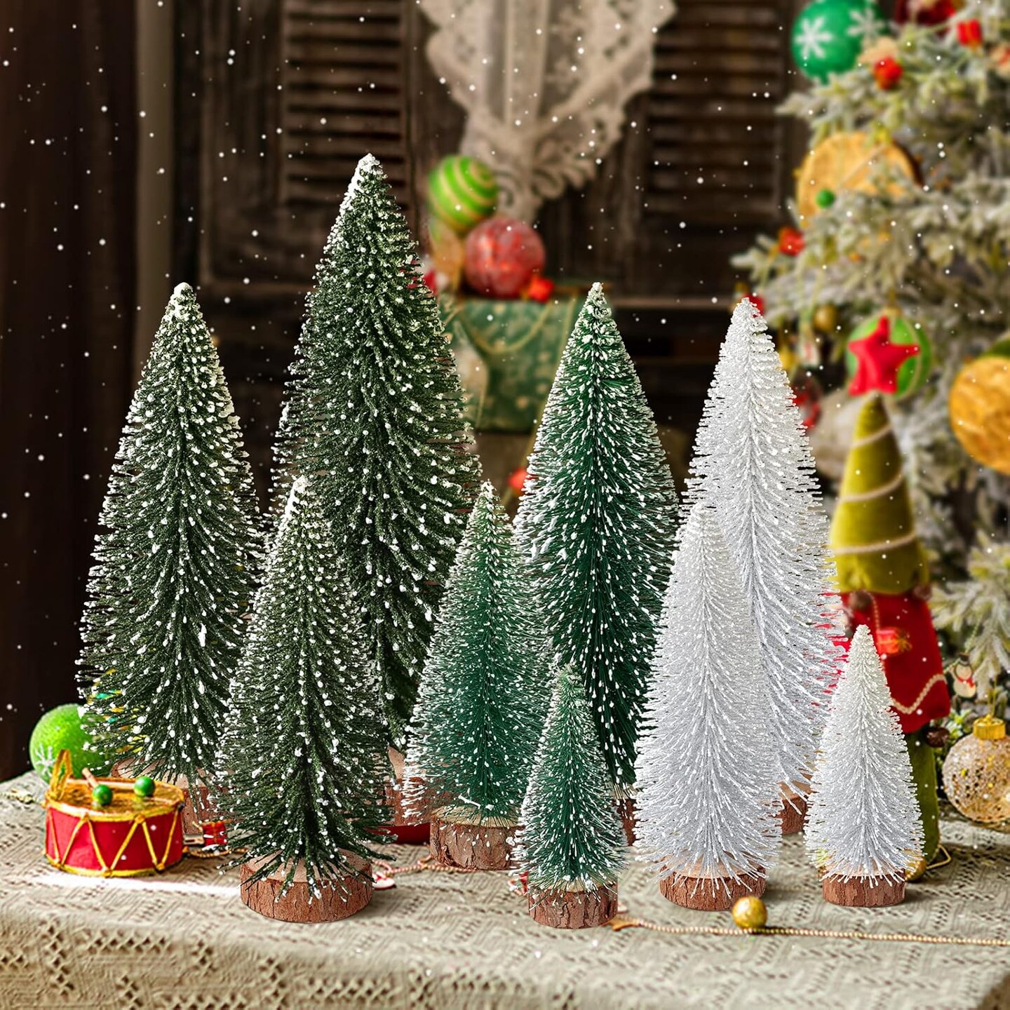 9Pcs Mini Christmas Trees Christmas Decor Artificial (Green Silver) 1"D x 1"W x 4"H