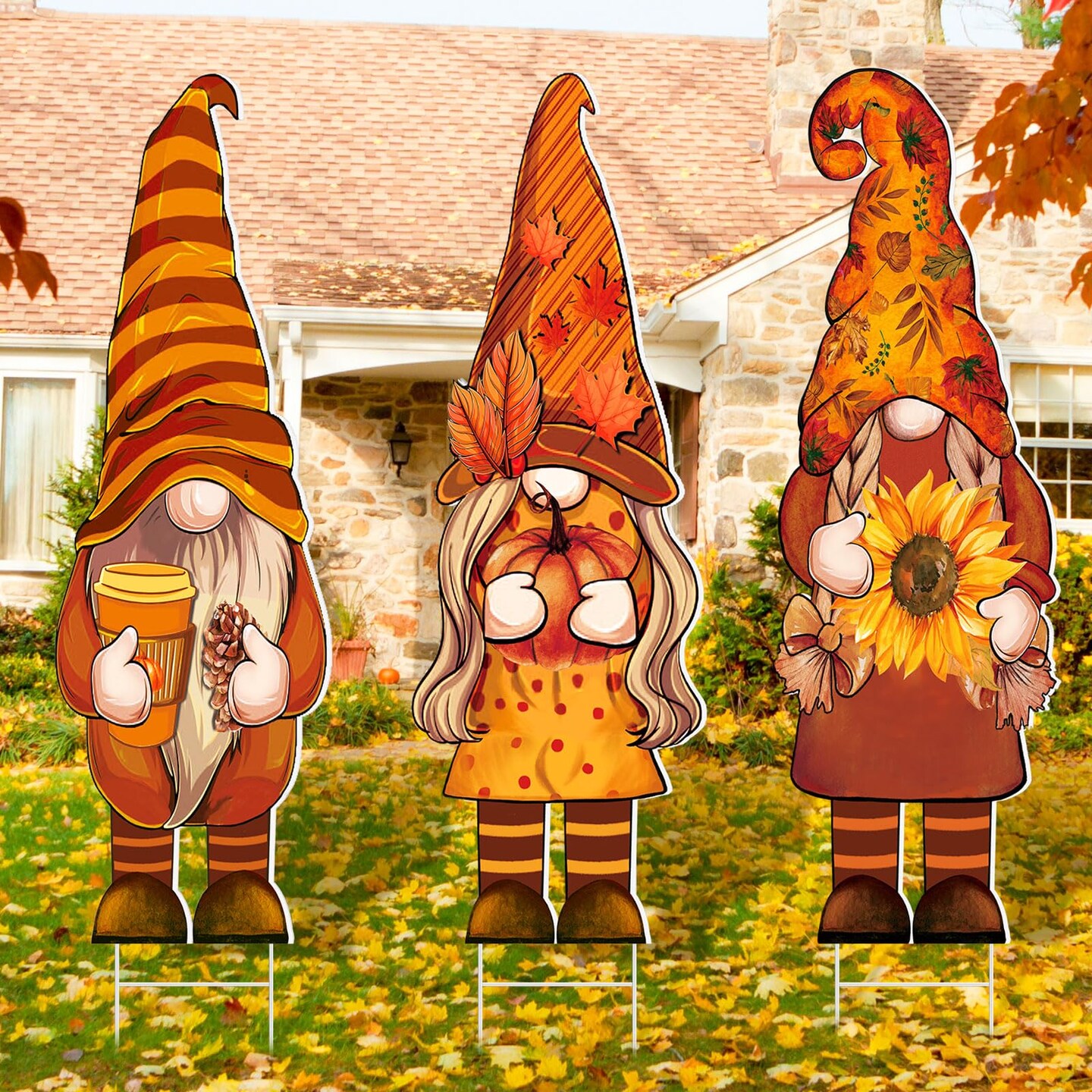 3 Pcs Thanksgiving Yard Decor Cute Fall Gnome Yard Sign with Stakes 32 x 10 Inch Autumn Gnome Outdoor Lawn Decor, Outside Thanksgiving Garden Decoration for Home Pathway Walkway