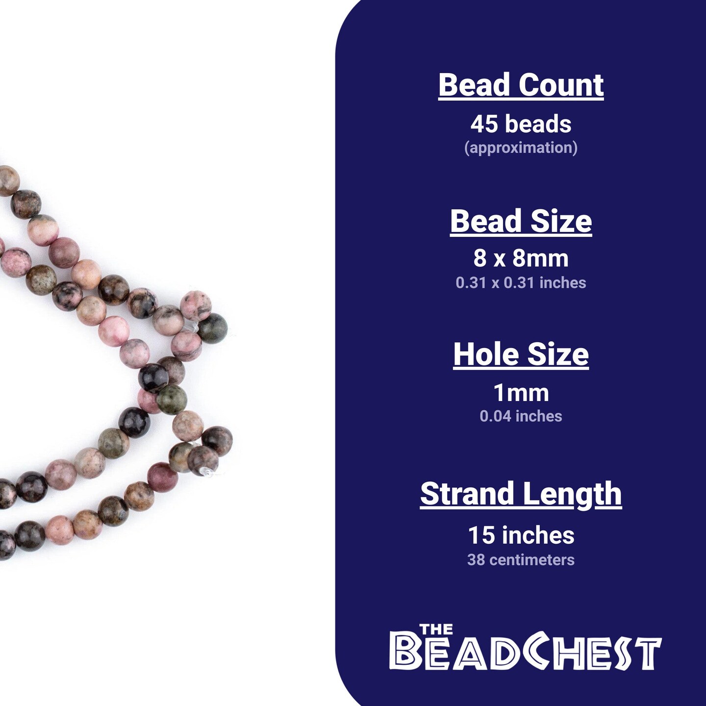 The Bead Chest Round Rhodonite Beads (8mm): Organic Gemstone Round Spherical Energy Stone Healing Power Crystal for Jewelry Bracelet Mala Necklace Making
