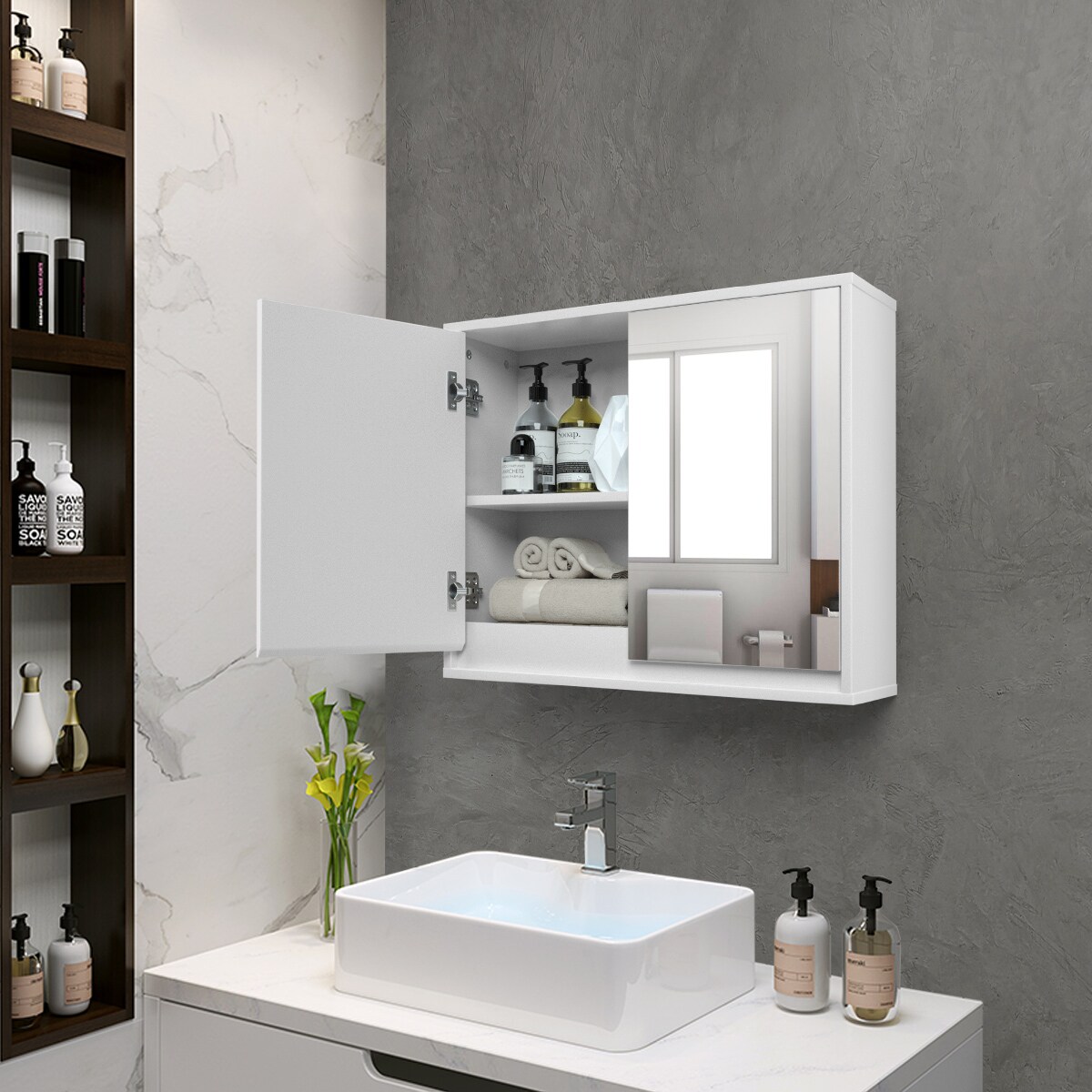 Costway Wall Mounted Bathroom Storage Cabinet Medicine Cabinet Organizer Shelf W/Double Mirror Door White