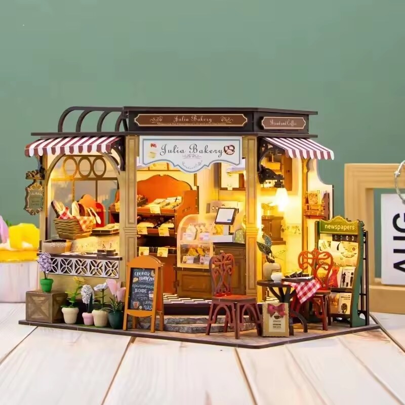 Julie Bakery Dollhouse Kit - Miniature Wizardi Roombox Kit with LED Light F07M51-85-M2422