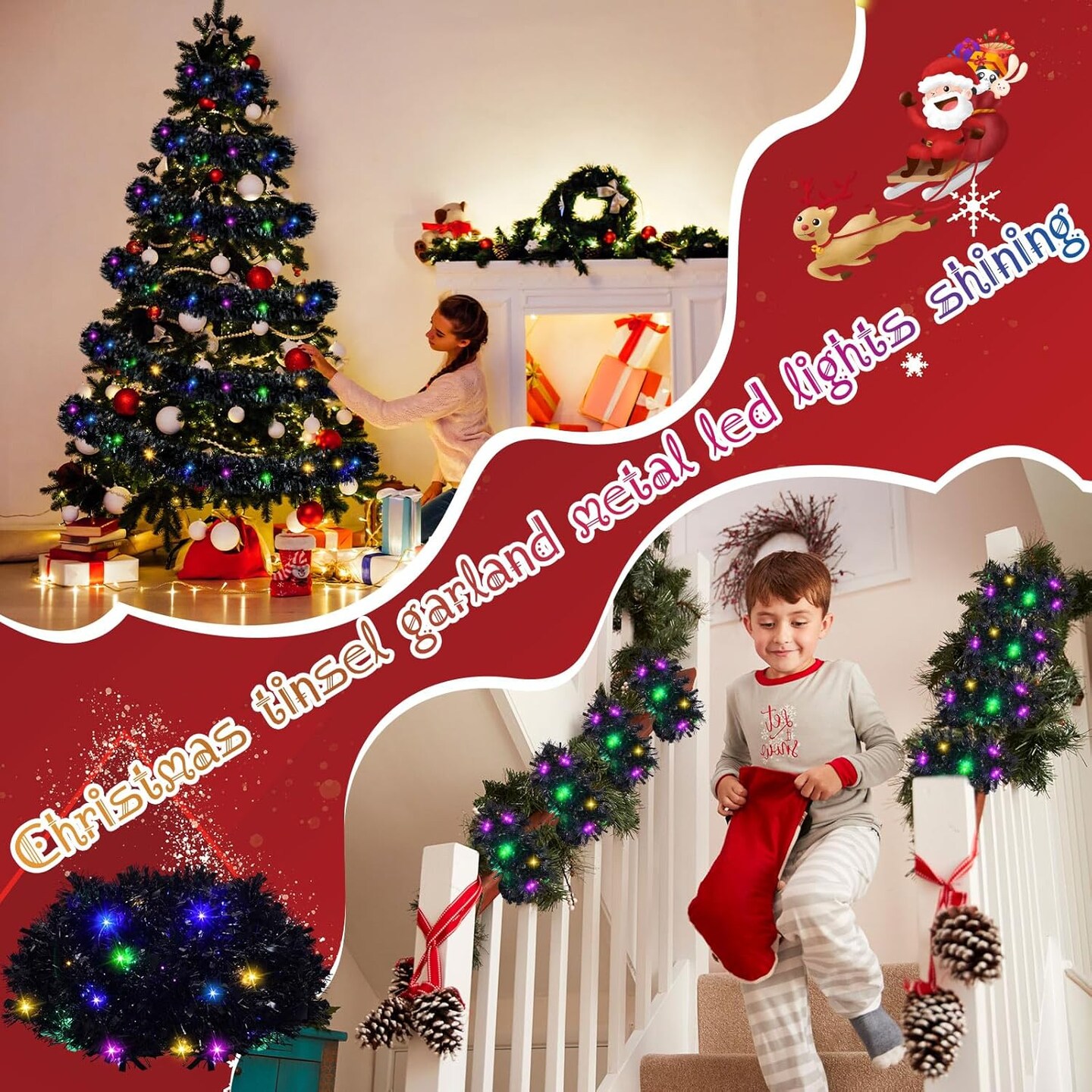 99 ft Total 3 Pcs Christmas Pre Lighted Tinsel Garland (Black)