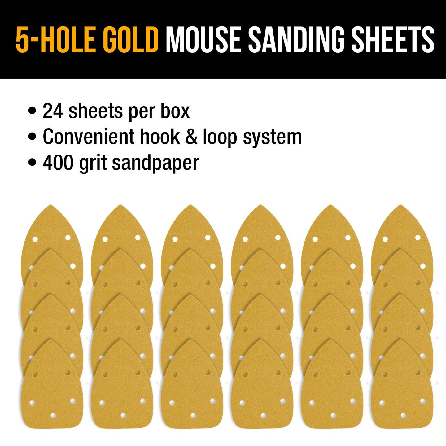400 Grit - 5-Hole Pattern Hook &#x26; Loop Sanding Sheets for Mouse Sanders - Box of 24