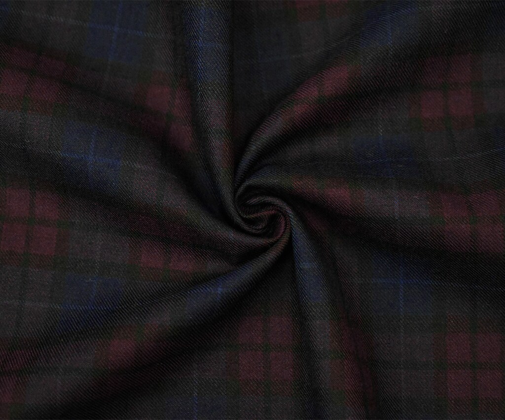 Red-Blue-Black Wool Polyester Plaid Check Twill Suiting Woven Fabric By the Yard