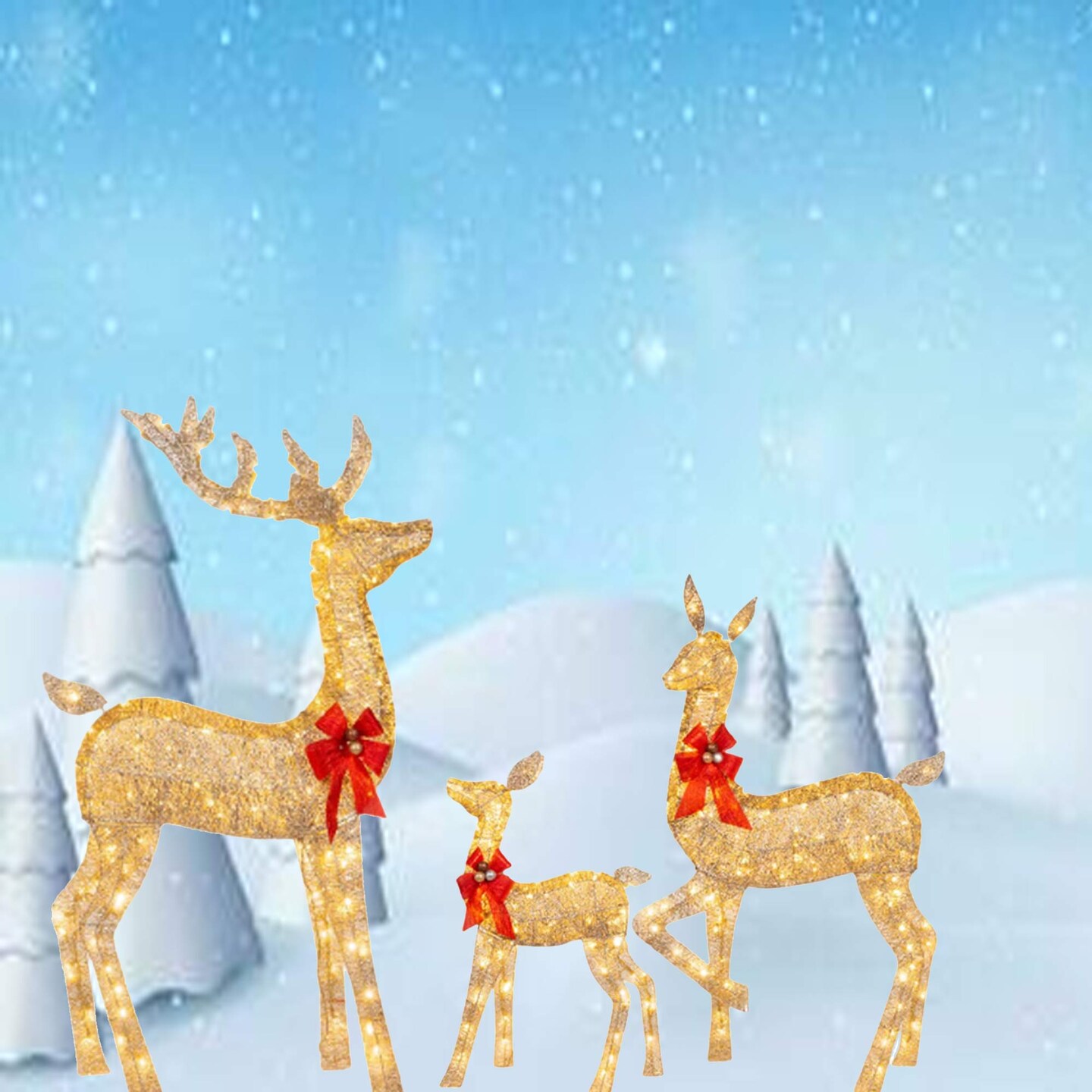 Elegant Champagne Rattan Deer Trio for Holiday Lawn and Entryway Displays 63" + 52" + 37"