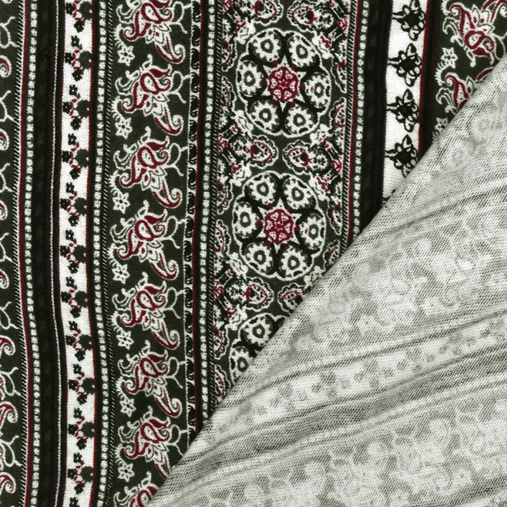 Olive-Multi Mix Pattern Stripe Printed Rayon Stretch Jersey Knit Fabric By the Yard