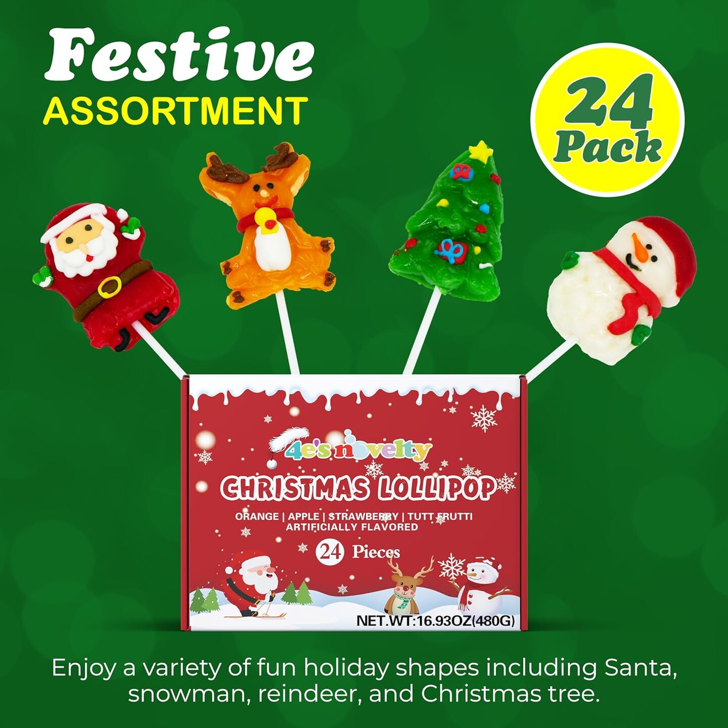 4E's Novelty Christmas Lollipops Bulk 24 Pack Assortment - Santa, Reindeer, Snowman Suckers for Kids Holiday Lollipops Parties, Christmas Candy Gifts Bulk, Individually Wrapped Mixed Fruit Flavors