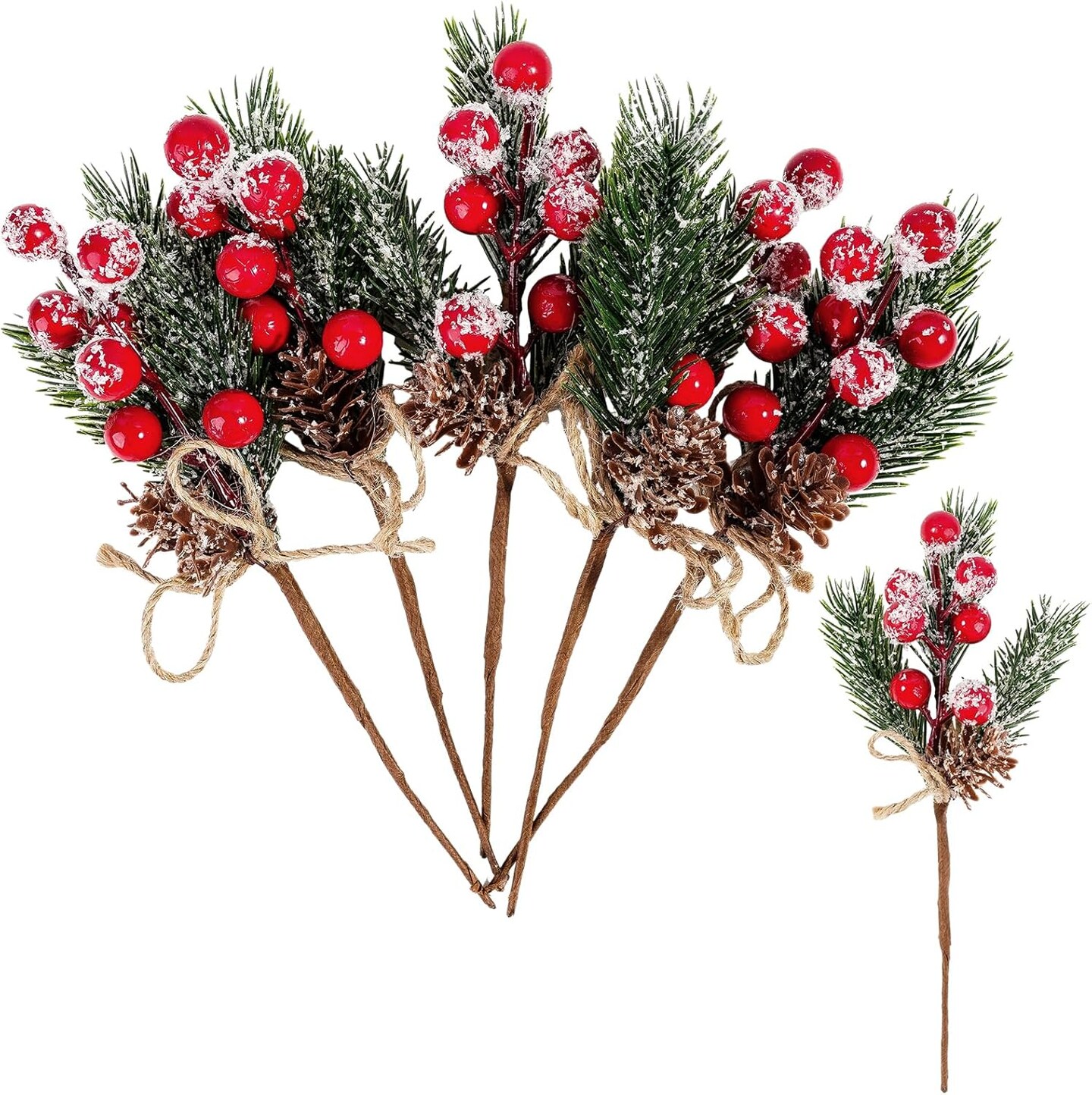 Christmas Berries Red Stems Evergreen Pine Branches (6pcs) 3&#x22;D x 3&#x22;W x 0.7&#x22;H