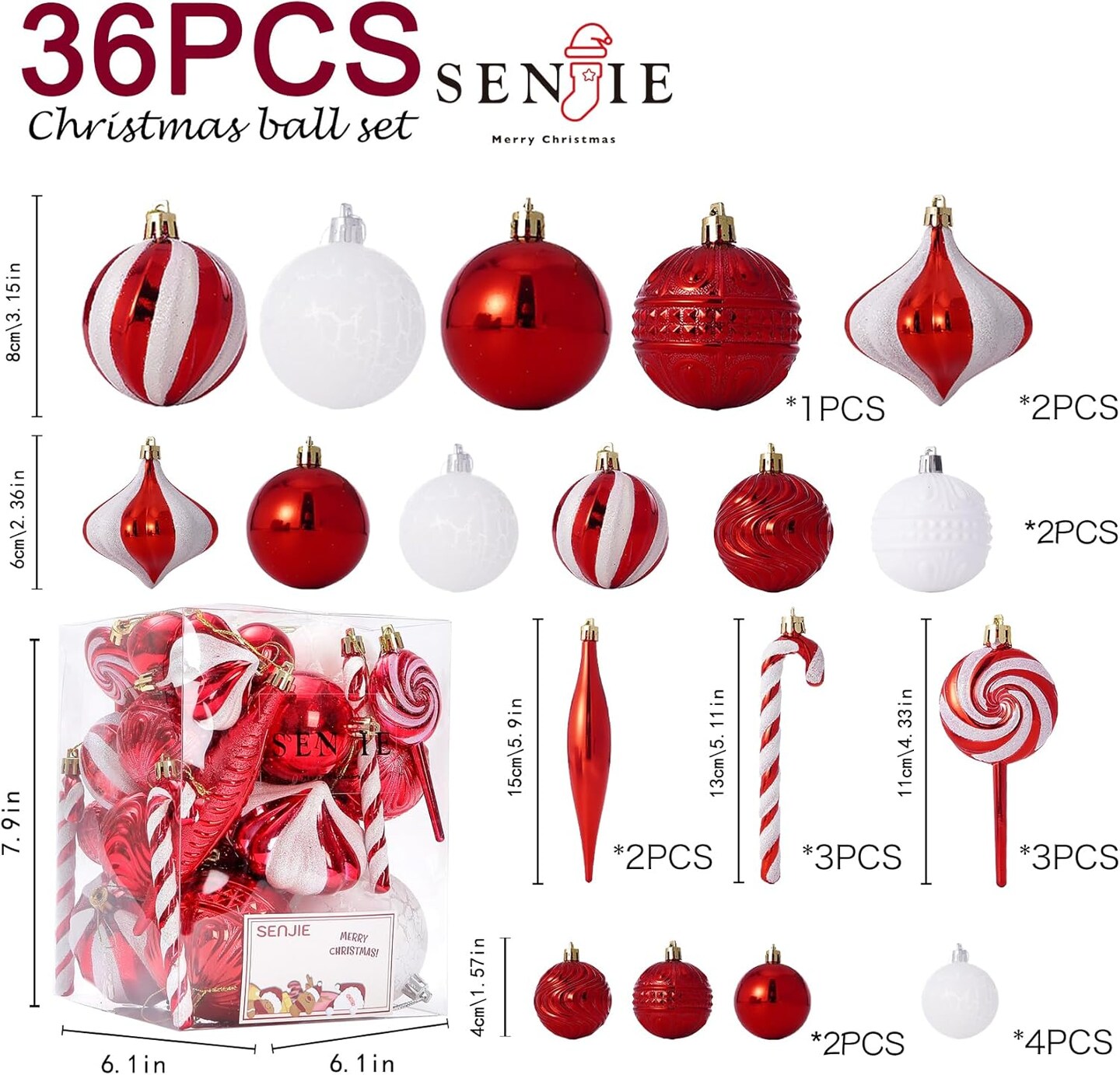 36 pcs Multi-Size Candy Cane Shatterproof Ball Ornaments (Red)