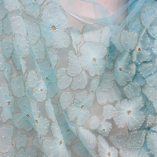 1 Yard Beaded 3D Floral Lace Fabric Embroidered 100 Percent Polyester Net Mesh 52 inch Width