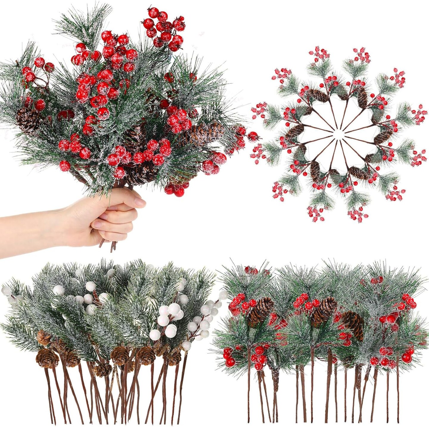 36 PCS Christmas Artificial Pine Branches (Red, Green, Brown, White) 3.93 x 2.55 x 2.55